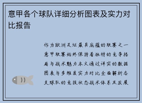 意甲各个球队详细分析图表及实力对比报告